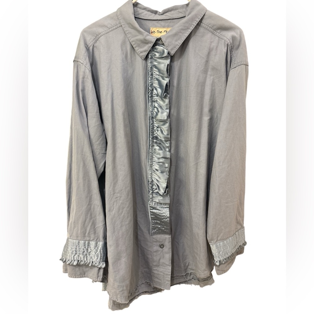 We The Free Blue Button Down Shirt with Ruffled Details